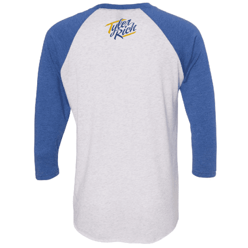 tr white and royal raglan tee back